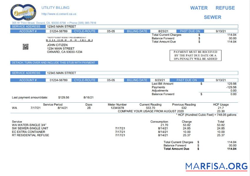 Realistic USA California City of Oxnard utility bill template in Word and PDF format